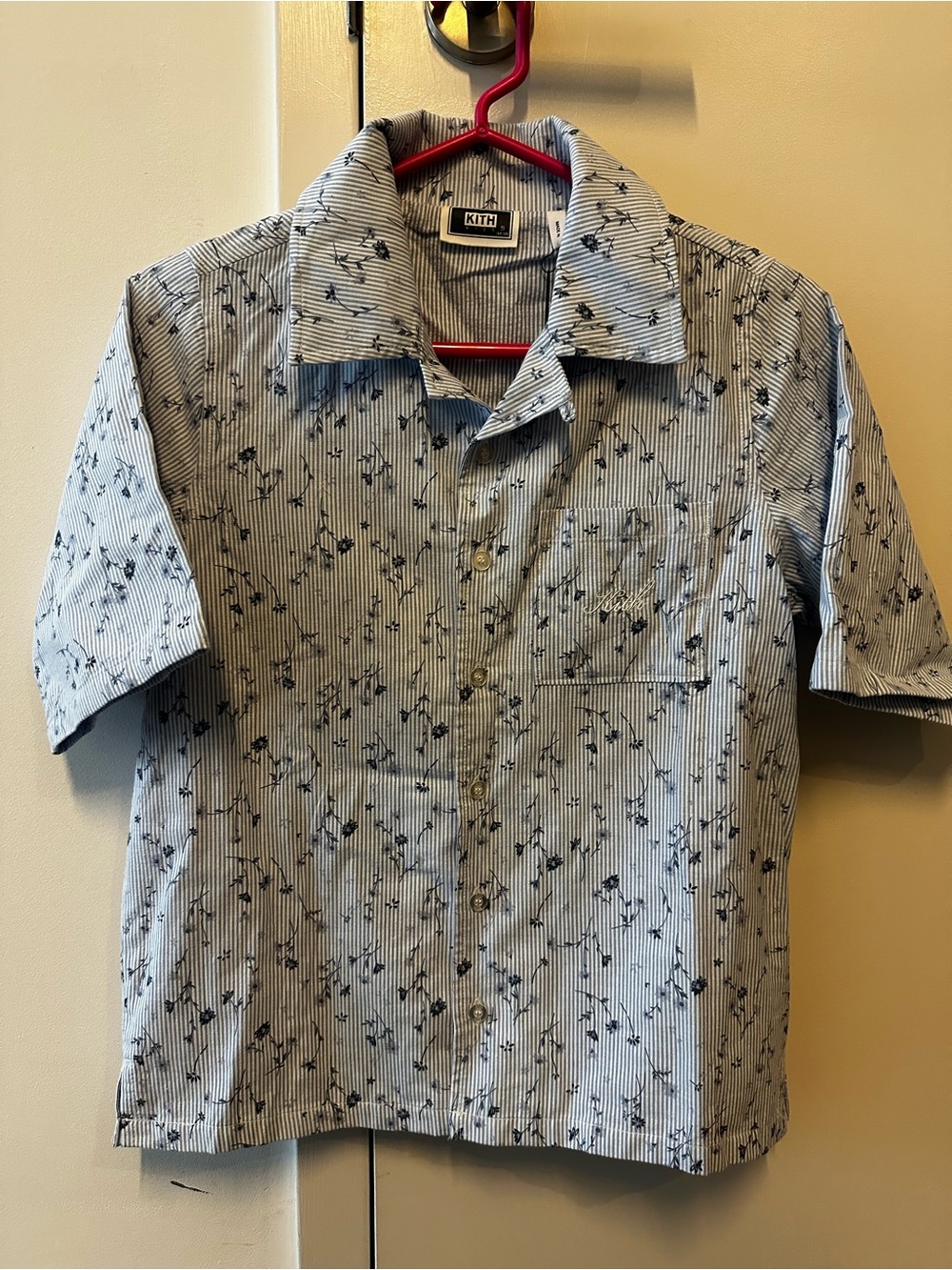 Kith Kids Seersucker Light Blue and White Short Sleeve Shirt with Floral Print